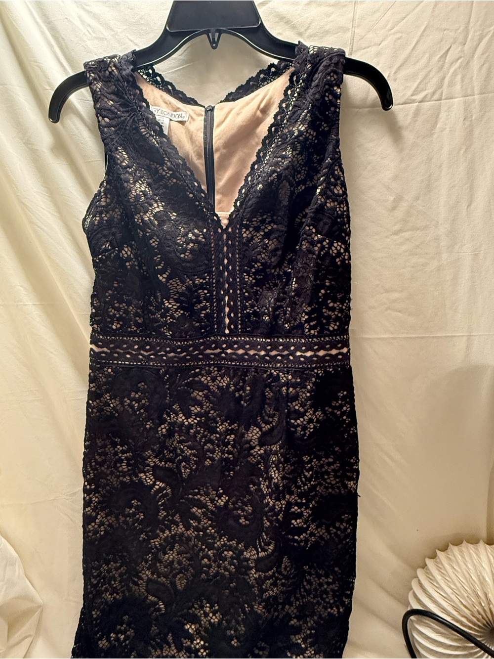 Maggy London Black Lace Midi Dress with Nude Lining Size 8